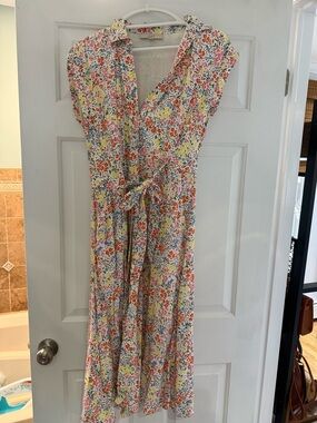 LOFT Floral Button-Front Midi Dress in White with Multicolor Print